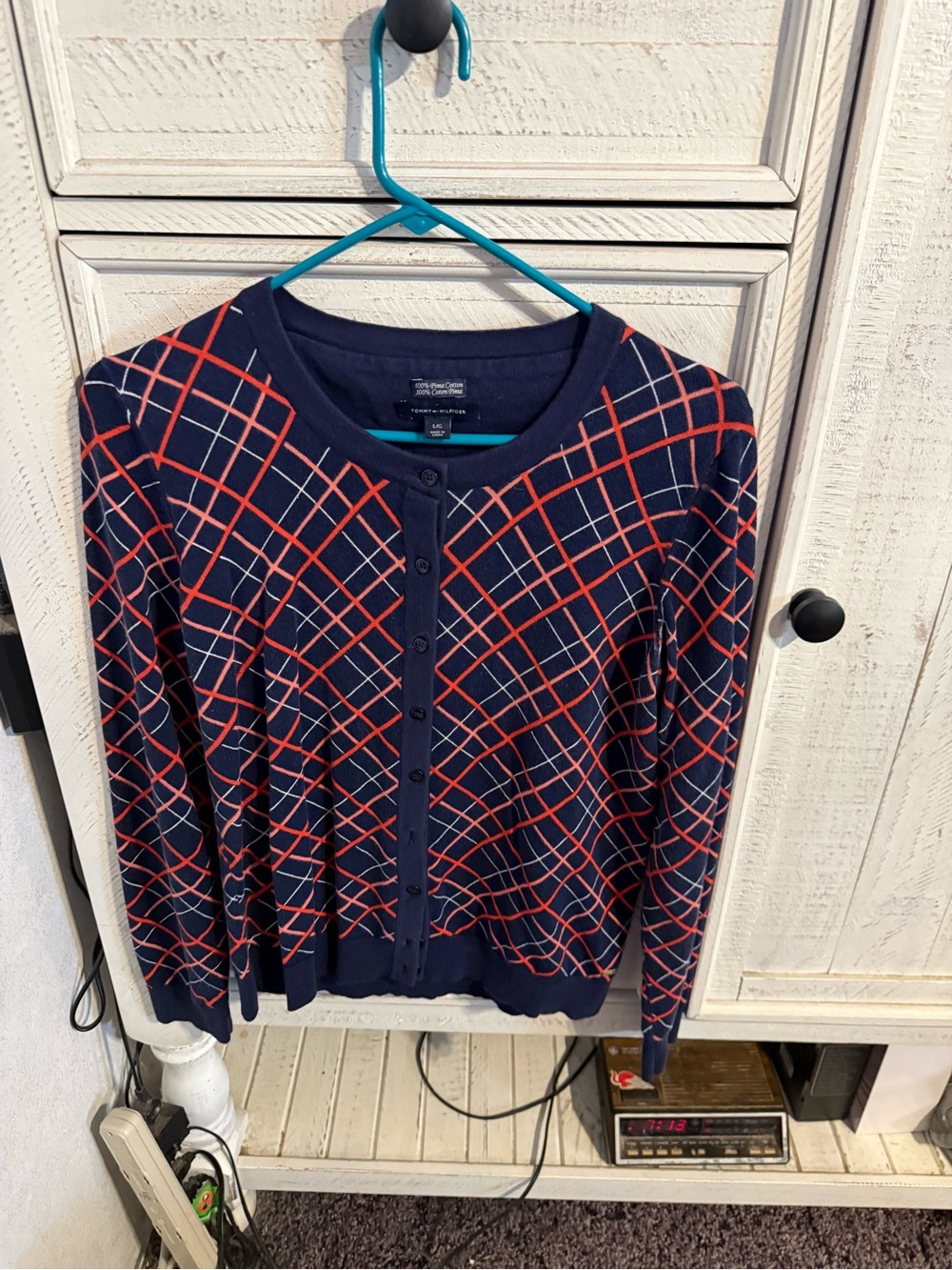 Tommy Hilfiger Navy Cardigan with Coral Lattice Pattern